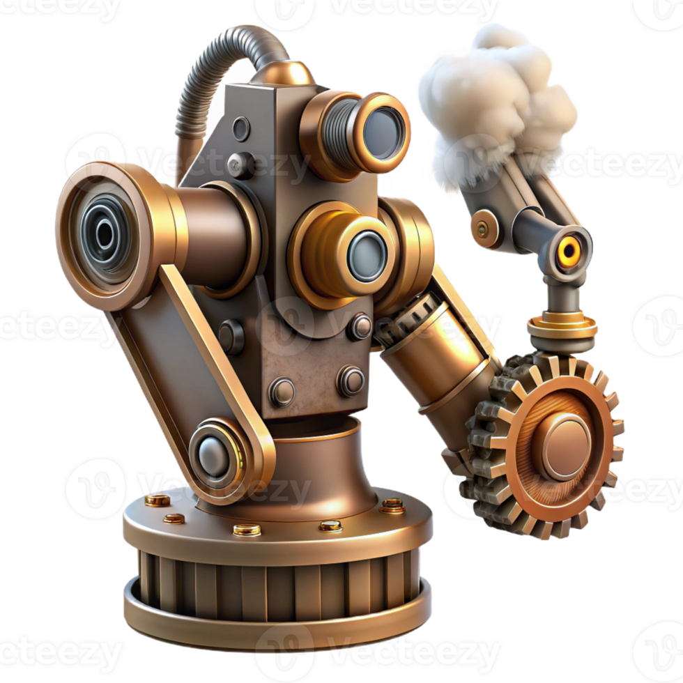 intense exquisite Steampunk robotic arm with exposed gears and steam vents with Transparent Background handcrafted png