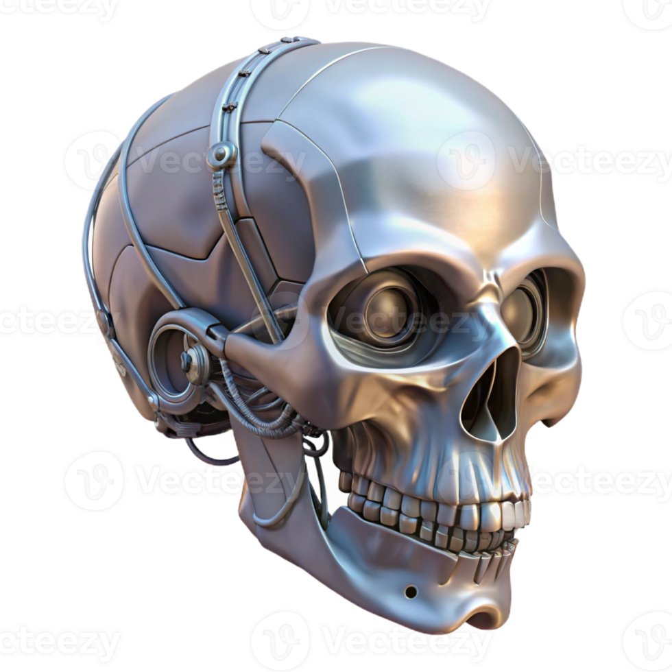 melancholic radiant Concept art style, professional render of a biomechanical skull with exposed wiring, isolated cutout with Transparent Background studio quality png