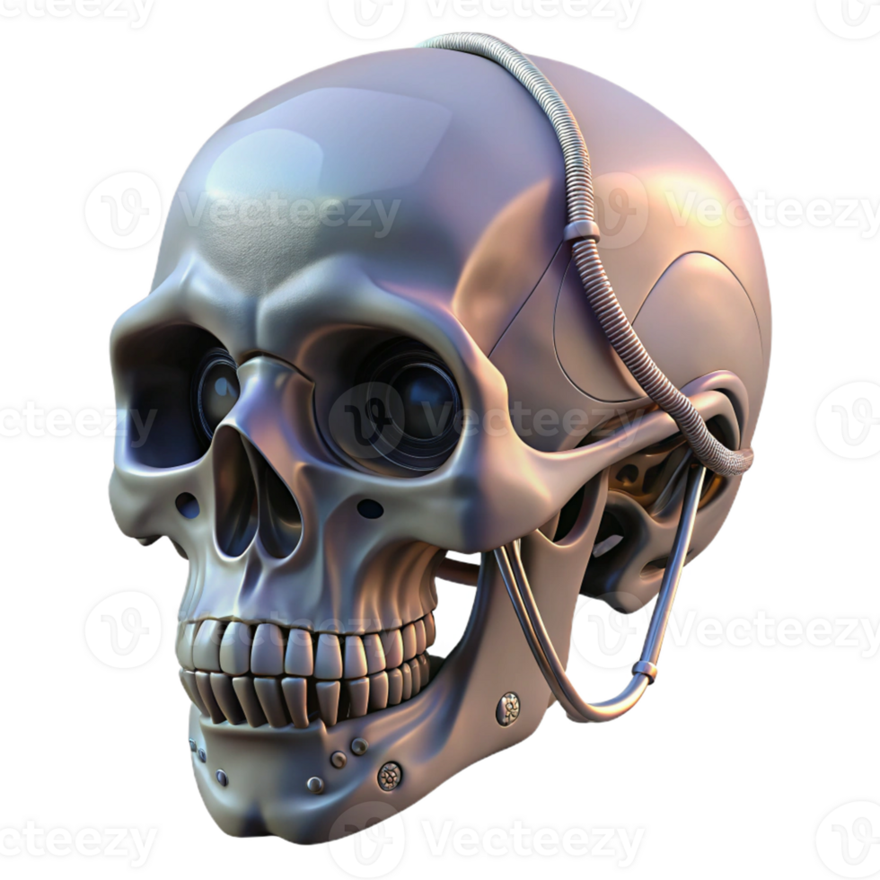 signature traditional Concept art style, professional render of a biomechanical skull with exposed wiring, isolated cutout with Transparent Background ultra HD png