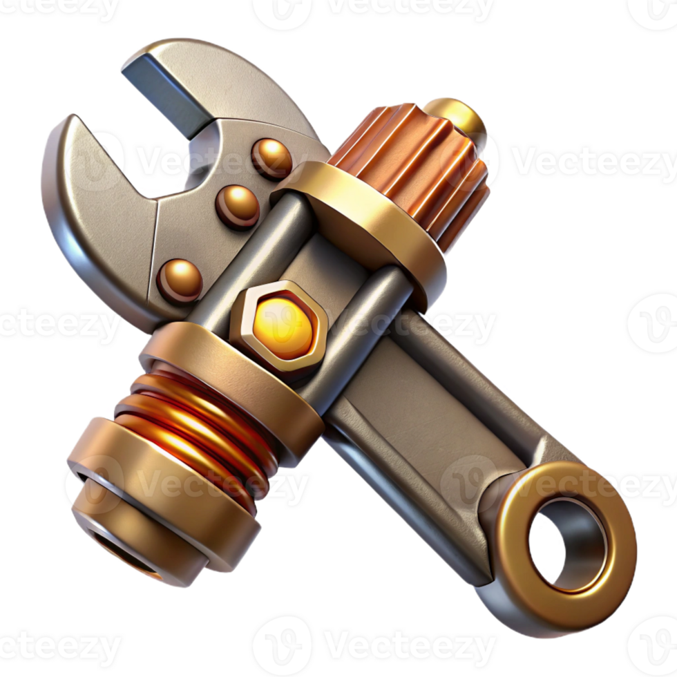 captivating whimsical organic Steampunk wrench with adjustable jaws and brass accents with Transparent Background exclusive png