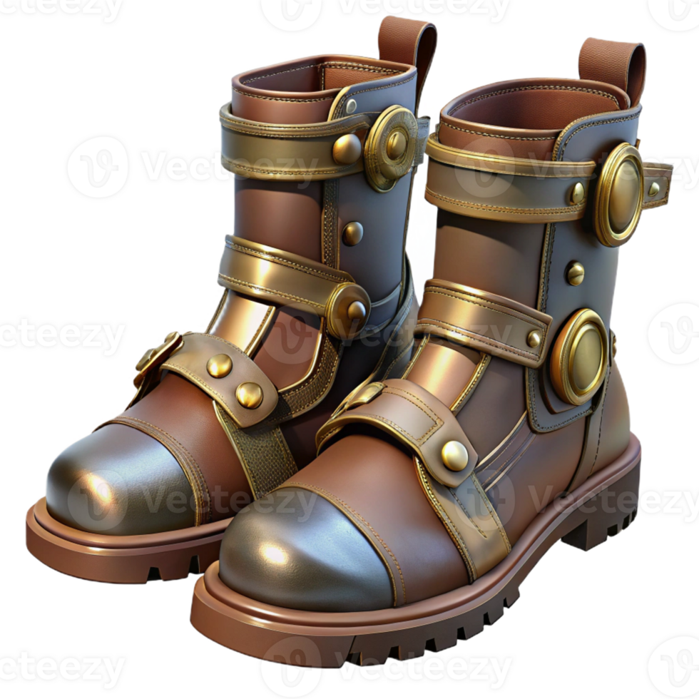 sumptuous joyful geometric Steampunk boots with intricate buckles and metal plating with Transparent Background elite png