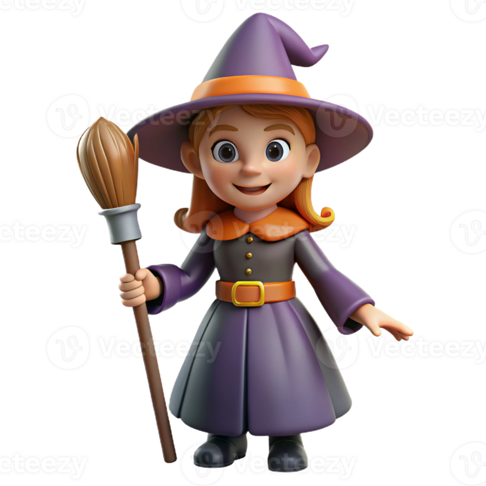 coveted creative A cartoon witch, pointy hat, holding a broom with Transparent Background museum quality png