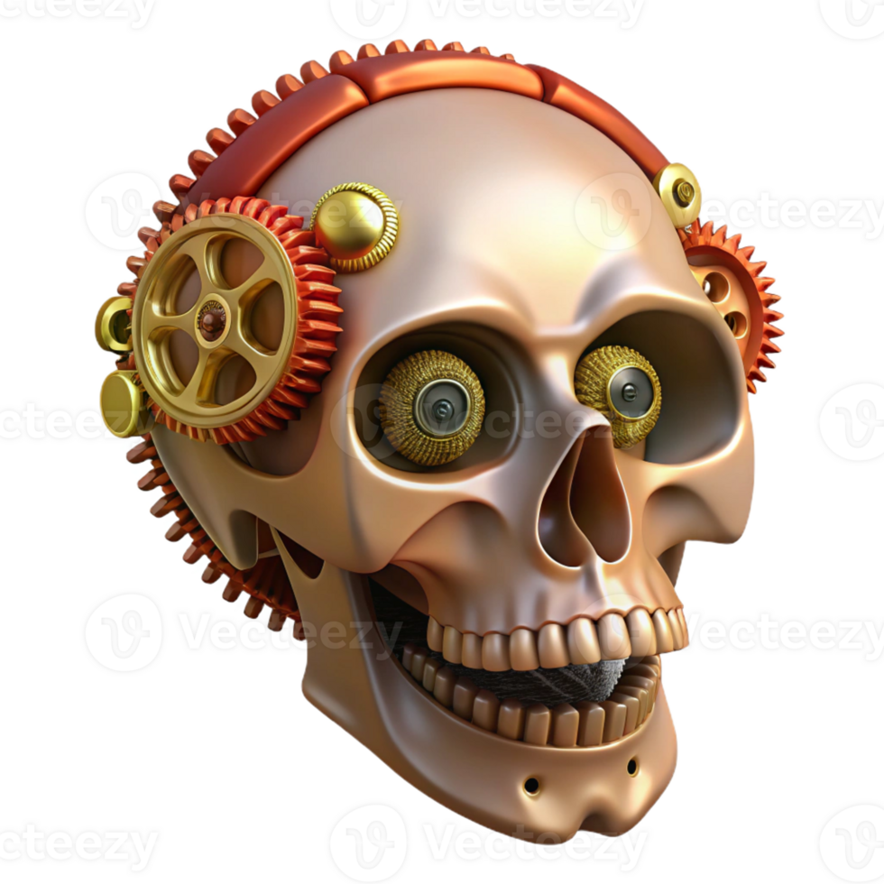 exemplary artistic Steampunk skull with exposed gears and wires with Transparent Background 8K png