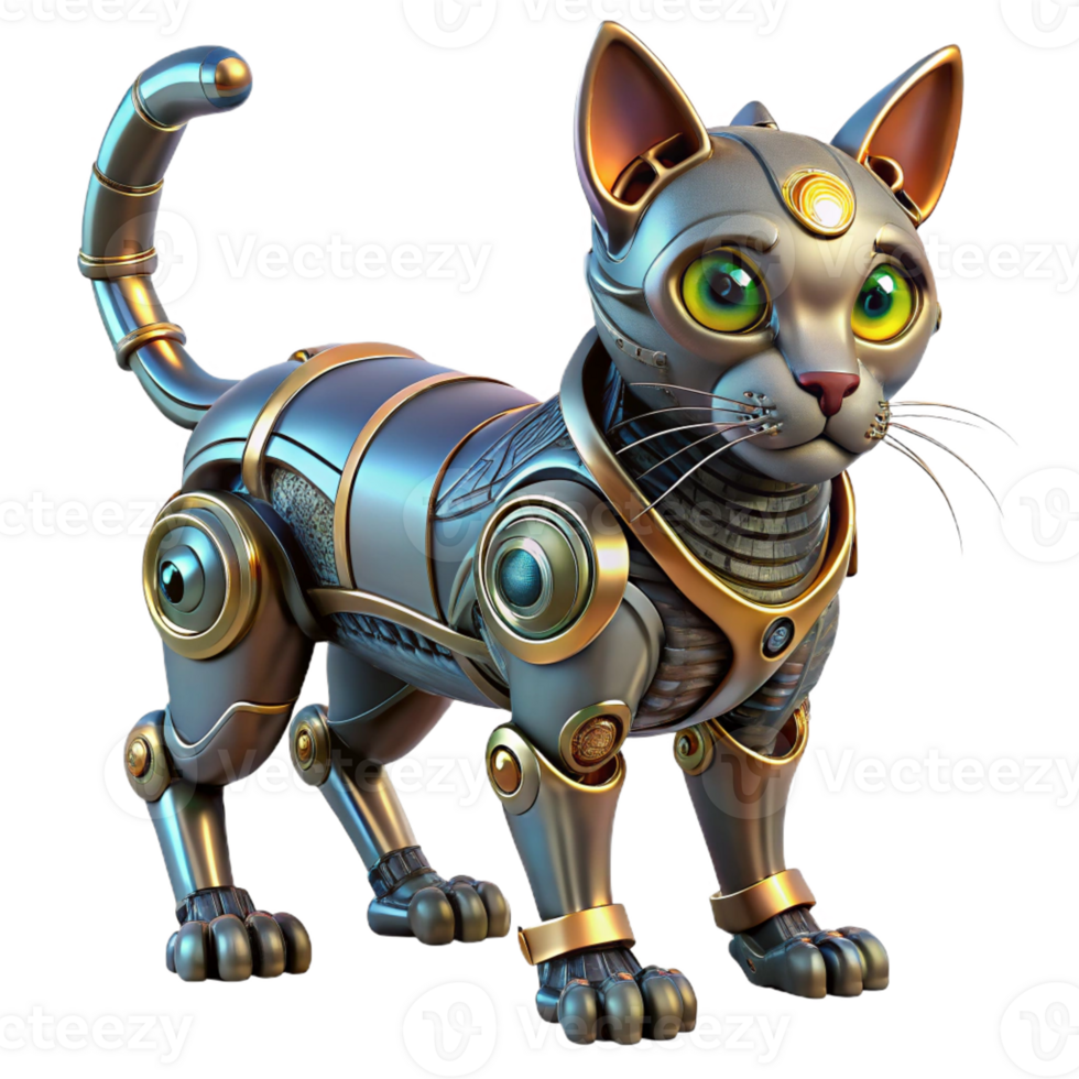 dynamic hypnotic Steampunk robotic cat with glowing eyes and intricate wiring with Transparent Background masterfully captured png