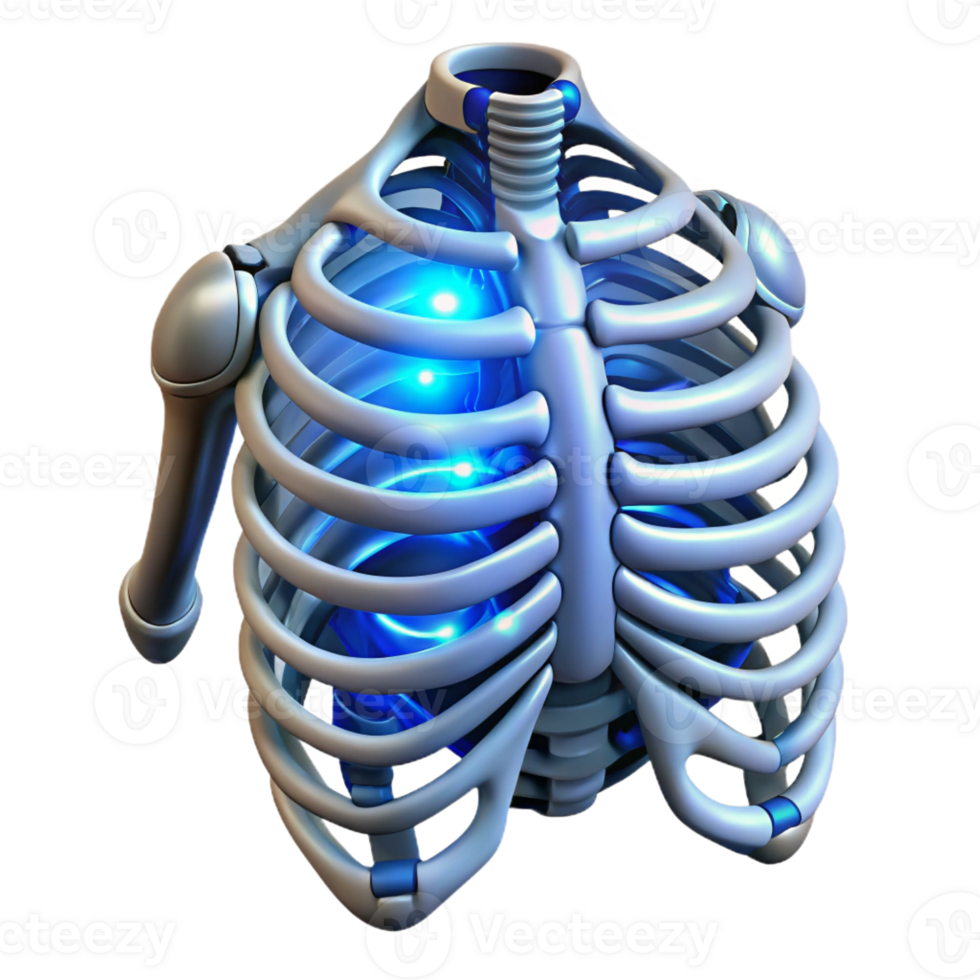 fascinating sought-after Hyper-specific, professional render of a biomechanical ribcage with integrated power cells and glowing LEDs Isolated cutout Photorealistic with Transparent Background png