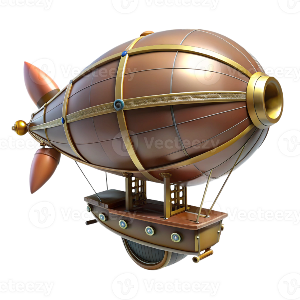 fascinating nordic Steampunk zeppelin miniature with intricate gondola and propellers with Transparent Background museum quality png