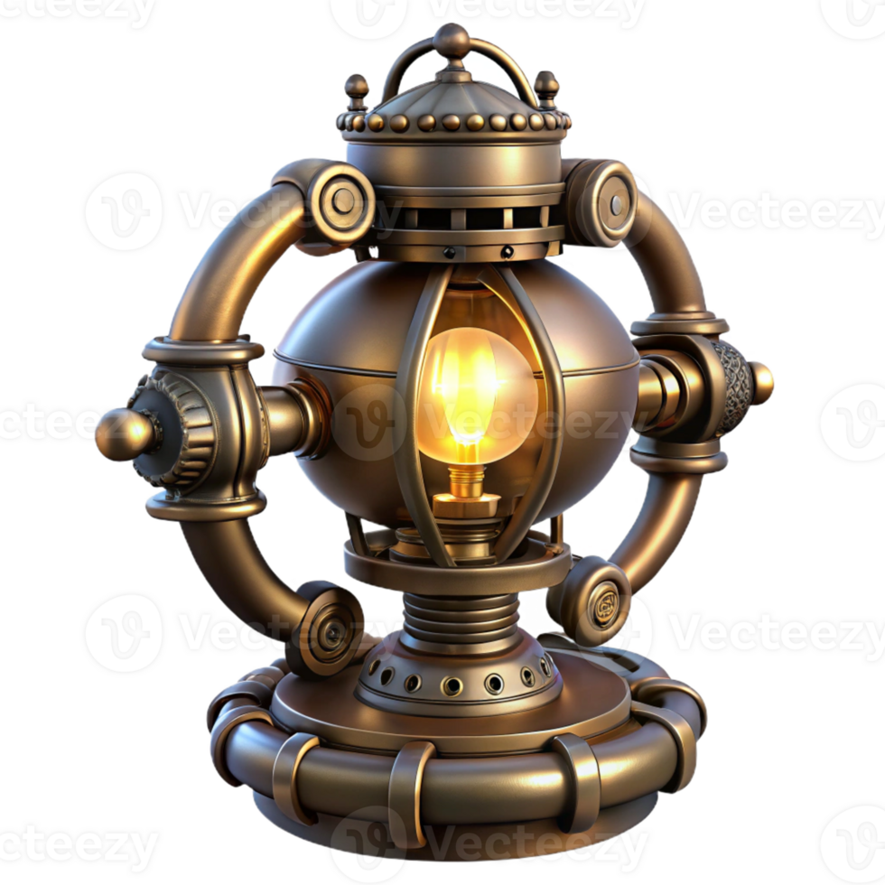 timeless victorian Steampunk lamp with intricate metalwork and glowing bulb with Transparent Background premium png