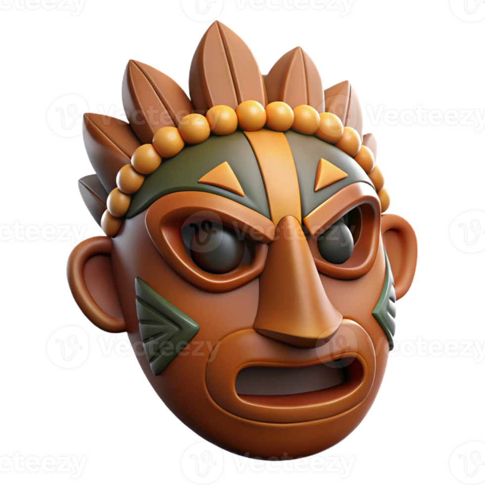 enchanting iconic Photorealistic, ultra-detailed, hyper-specific professional render of a tribal warrior's hand-carved wooden mask, isolated cutout with Transparent Background png