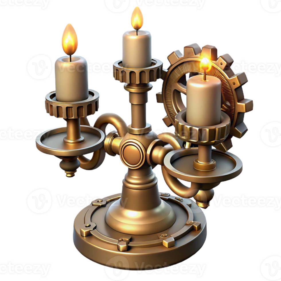 pristine tranquil bohemian Steampunk candle holder with intricate gears and brass accents with Transparent Background precision png