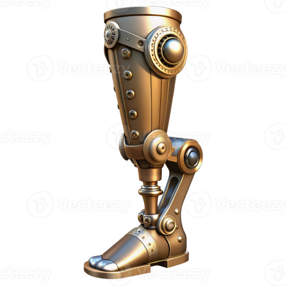 spectacular futuristic Steampunk prosthetic leg with intricate metalwork and joints with Transparent Background precision png