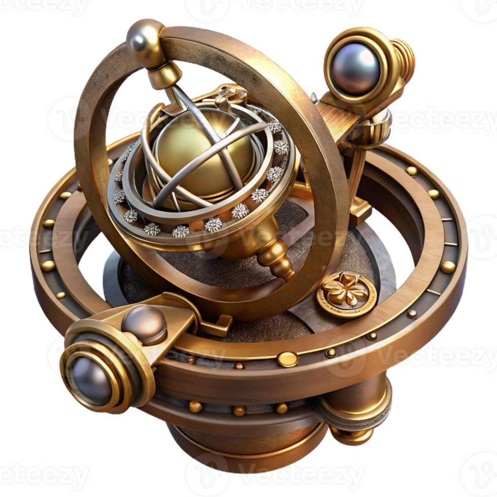 vibrant minimalist Steampunk astrolabe with intricate metalwork and celestial markings with Transparent Background original png