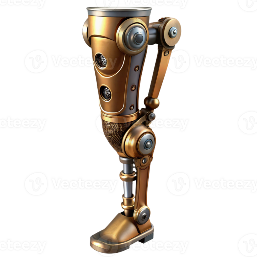 inspired creative Steampunk prosthetic leg with intricate metalwork and joints with Transparent Background museum quality png
