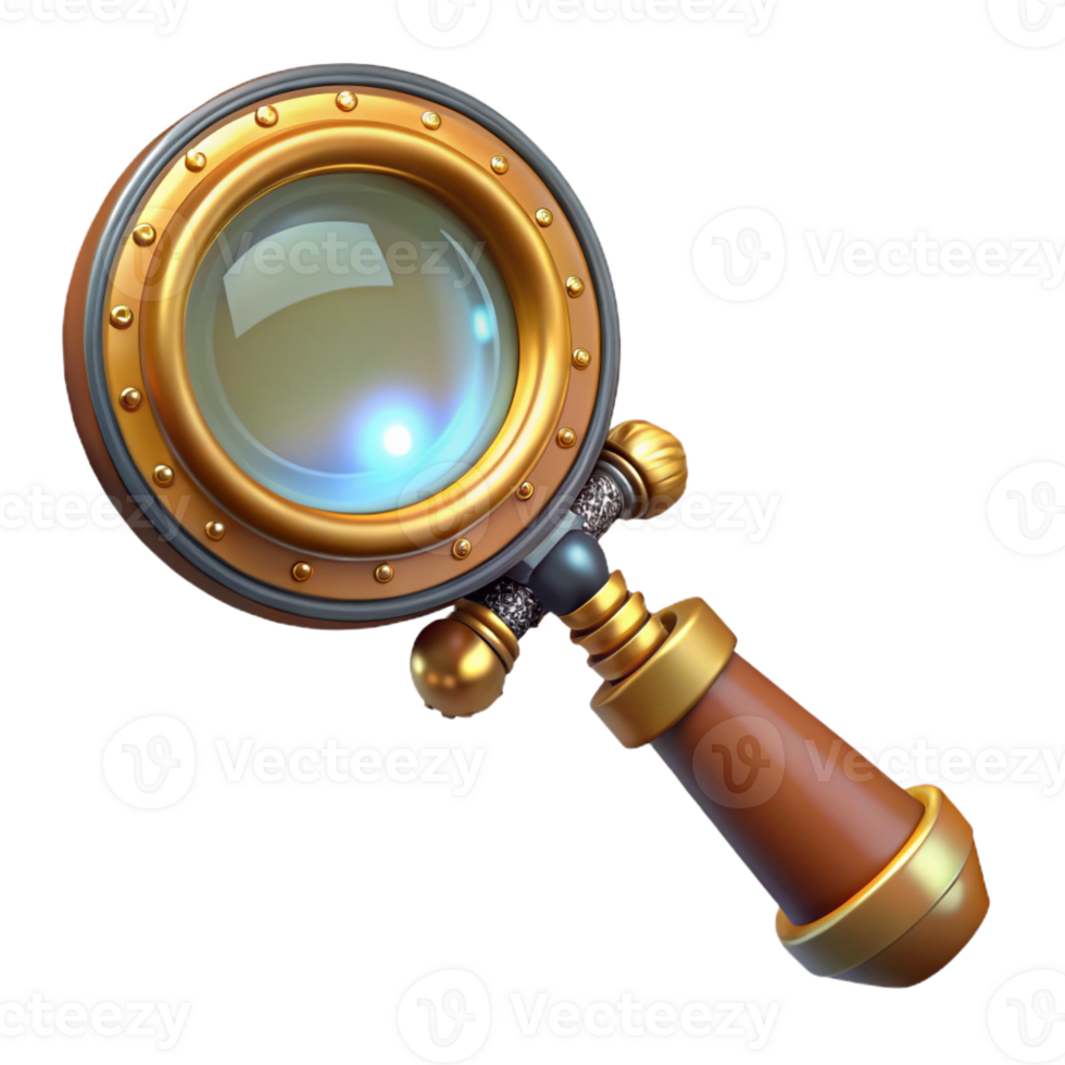 vibrant dreamy futuristic Steampunk magnifying glass with intricate brass handle and lens with Transparent Background artisan png