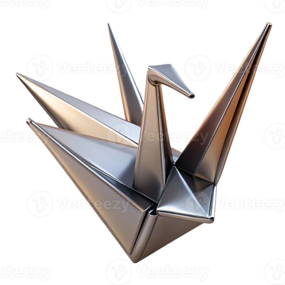 gorgeous iconic Concept art style, isolated cutout of a single, intricate, origami crane folded from metallic paper with Transparent Background png
