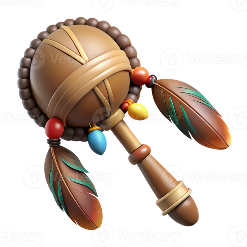 beautiful exceptional Concept art style, isolated cutout of a tribal shaman's ceremonial rattle adorned with feathers and beads with Transparent Background png