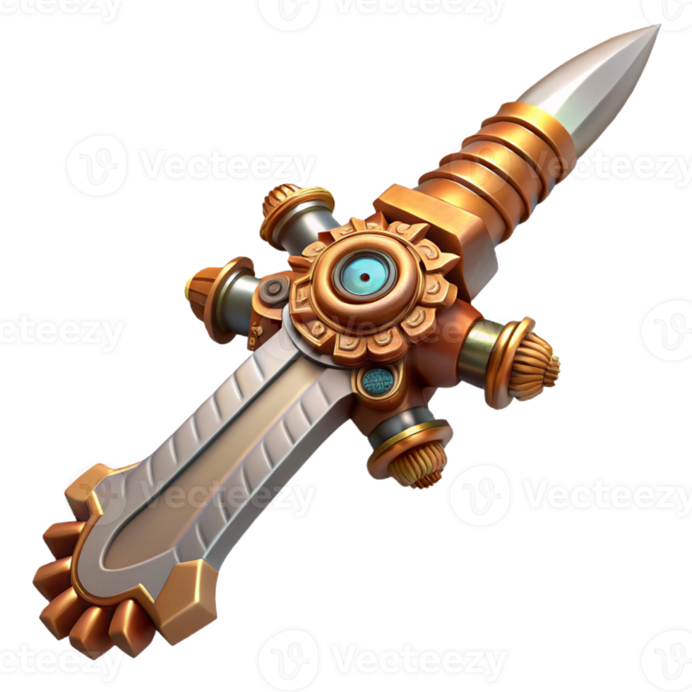beautiful ethereal geometric Steampunk sword with intricate metalwork and gear-shaped hilt with Transparent Background expertly shot png