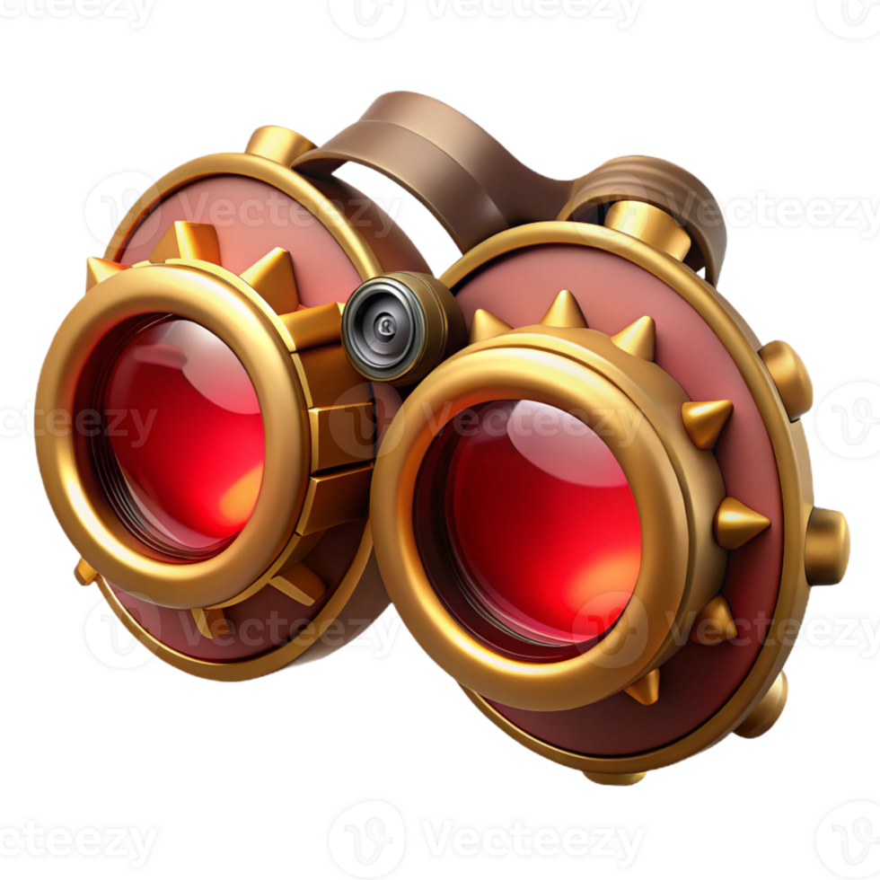 distinctive urban Steampunk goggles with intricate brass gears and red tinted lenses with Transparent Background expertly shot png