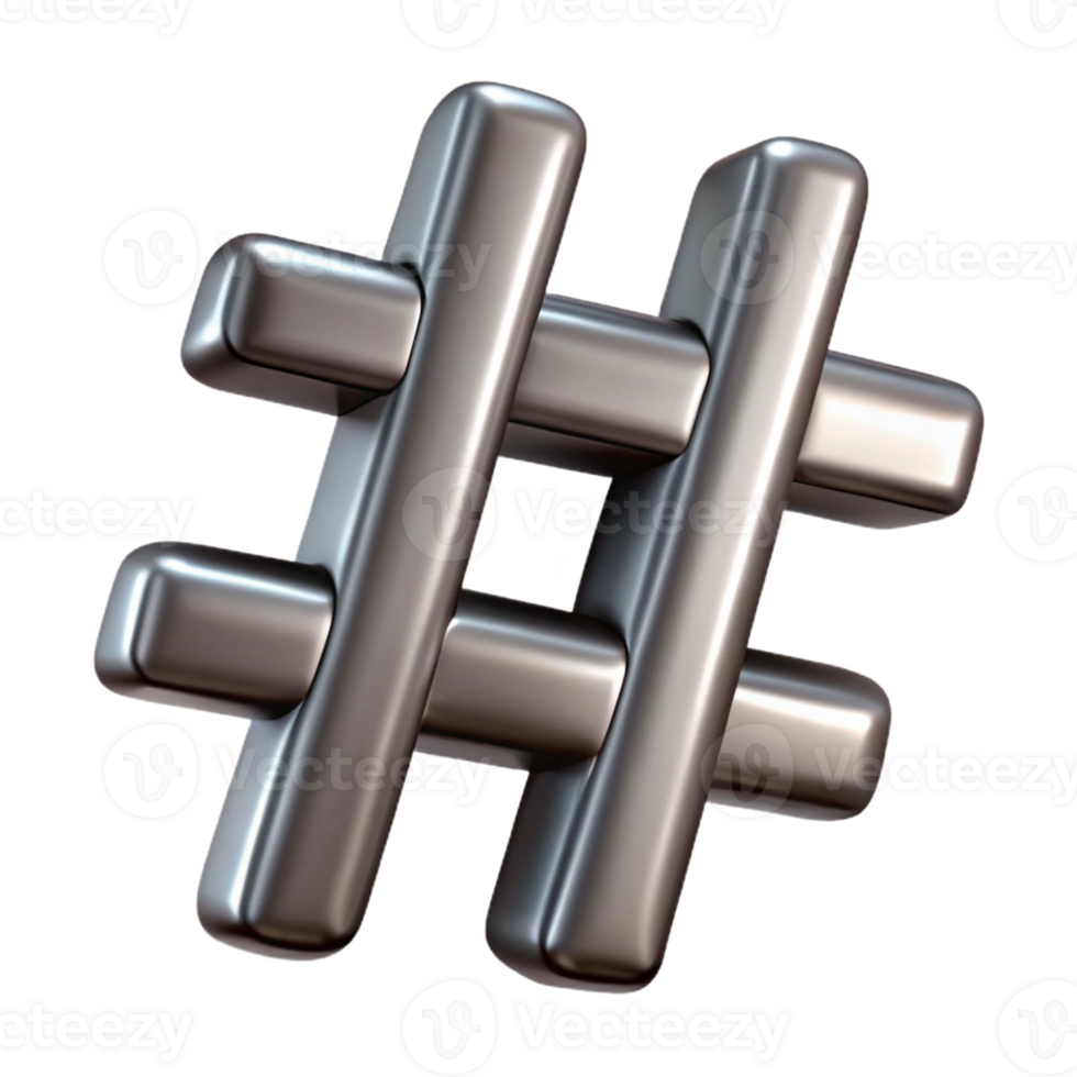enchanting peaceful industrial A single, stylized hashtag symbol made of brushed steel with Transparent Background exclusive png