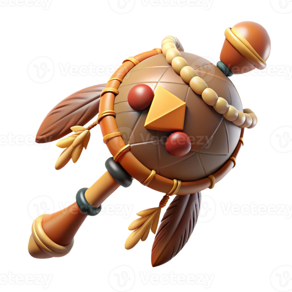 dreamy elegant Isolated cutout, concept art style depiction of a tribal shaman's ceremonial rattle adorned with feathers and beads with Transparent Background handcrafted png