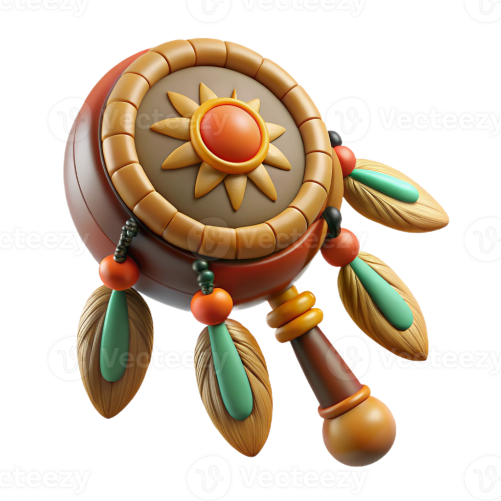exquisite contemporary Isolated cutout, concept art style depiction of a tribal shaman's ceremonial rattle adorned with feathers and beads with Transparent Background high quality png
