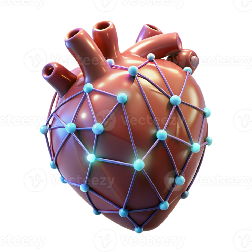 beautiful dramatic mid-century Concept art style, isolated cutout of a single, stylized, human heart made entirely of interconnected, glowing wires with Transparent Background artisan png