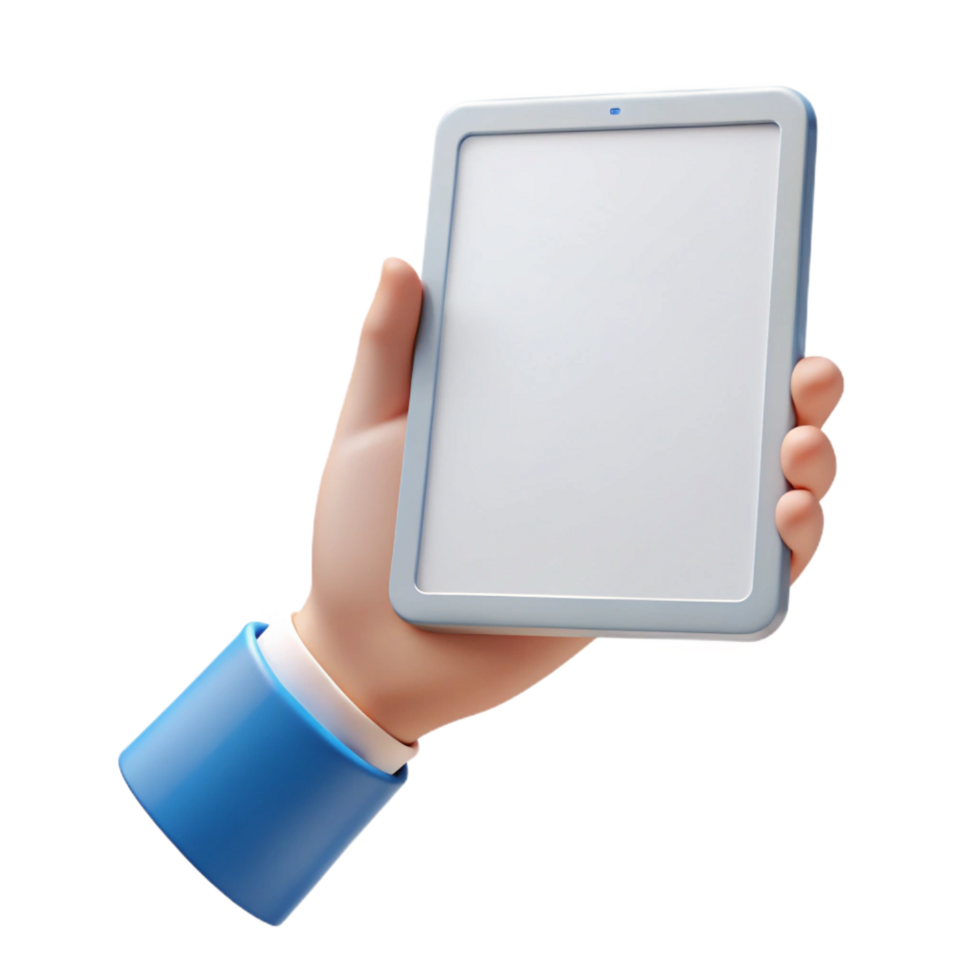 captivating quintessential Tablet computer, white, held in hand, with Transparent Background png