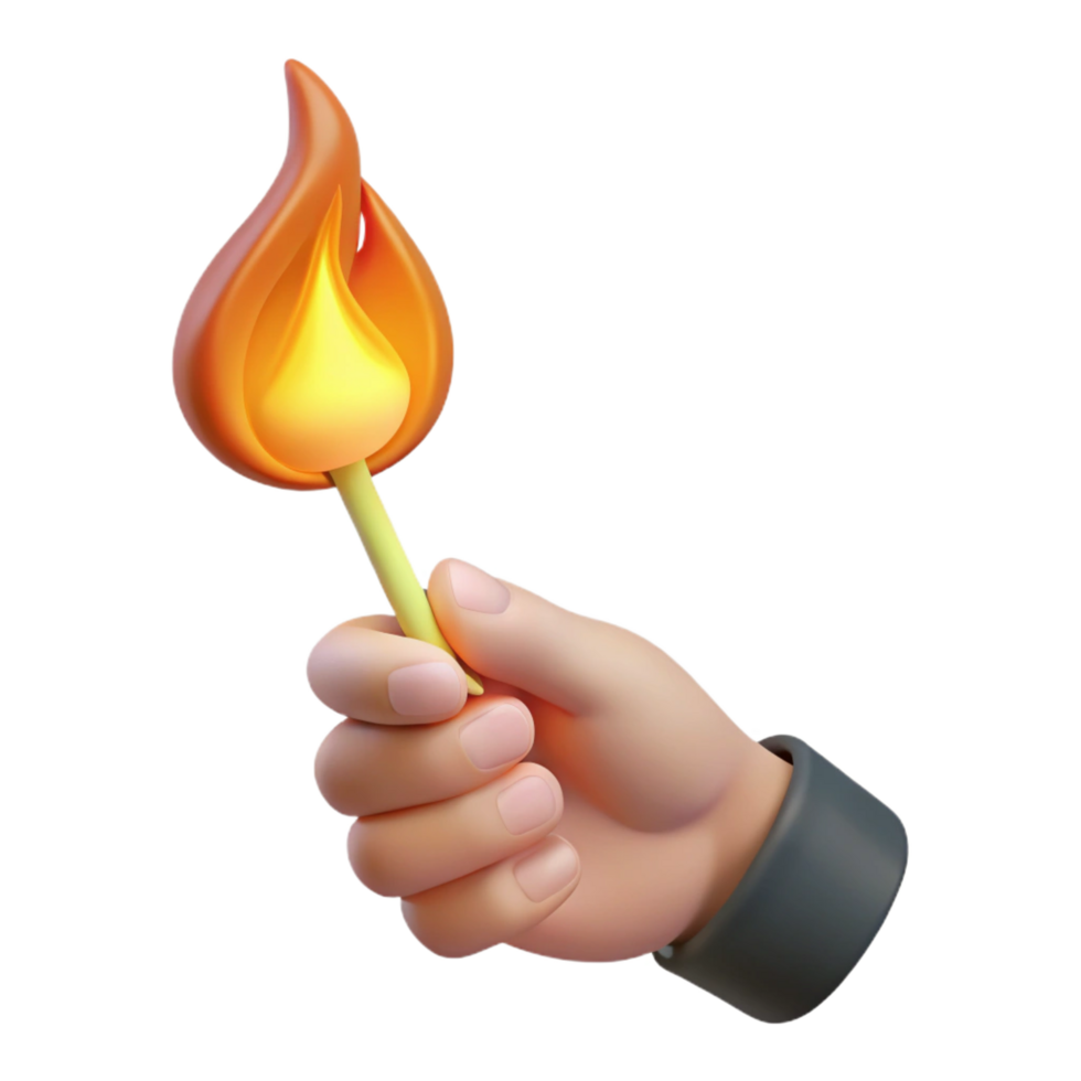 elegant energetic nordic Hyper-specific, ultra-detailed, isolated cutout of a single, disembodied hand holding a burning matchstick with Transparent Background luxury png