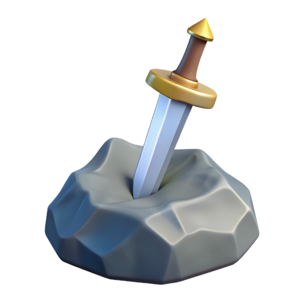 beautiful dynamic industrial Concept art style, isolated cutout of a single Excalibur sword, embedded in stone with Transparent Background authentic png