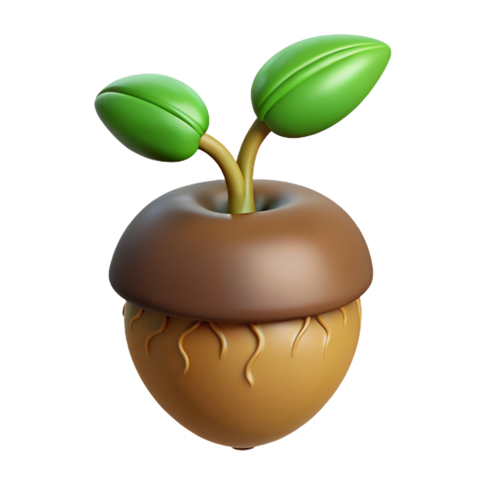 elegant art deco Concept art style, isolated cutout of a single, sprouting acorn with a visible root and stem with Transparent Background ultra HD png