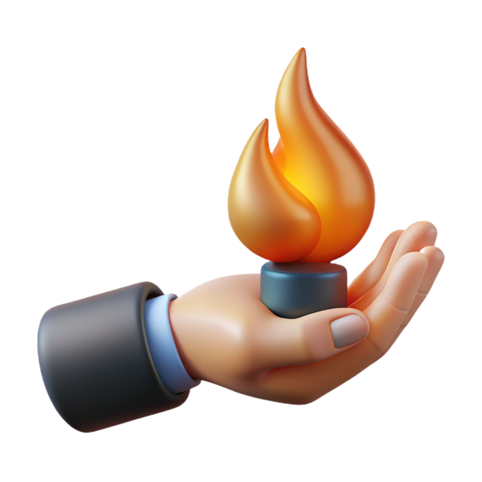 exemplary minimalist Isolated cutout, ultra-detailed concept art style rendering of a single, stylized human hand holding a flame with Transparent Background flawless png