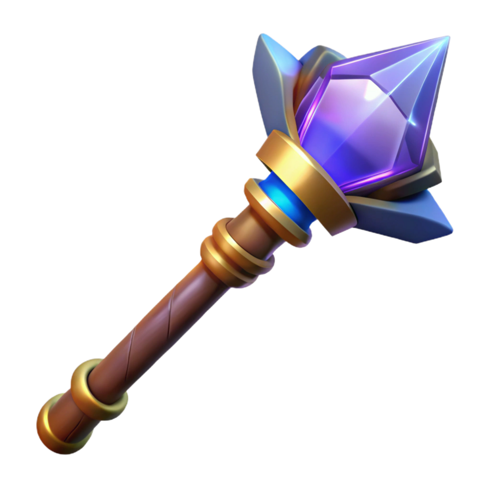 glorious whimsical rustic A powerful wizard staff, topped with a glowing crystal with Transparent Background masterfully captured png