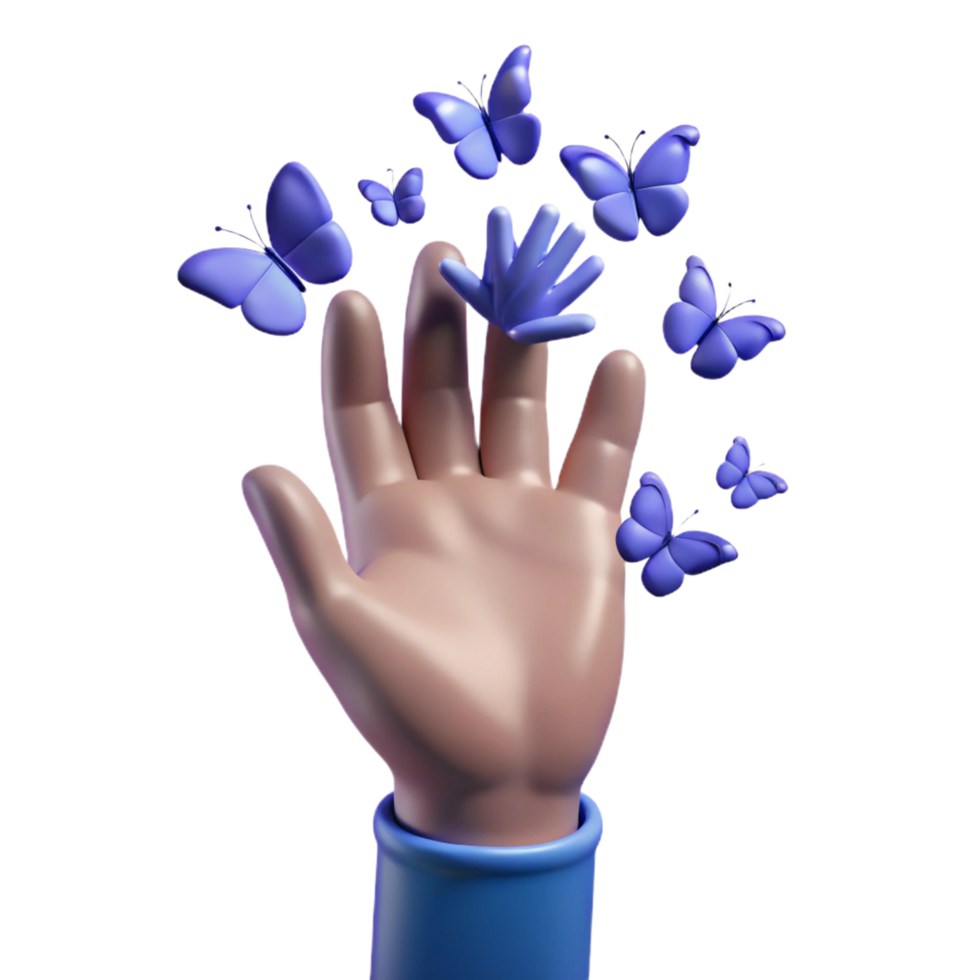 beautiful dreamy modern Concept art style, isolated cutout of a single, stylized, human hand, transforming into a flock of butterflies with Transparent Background museum quality png