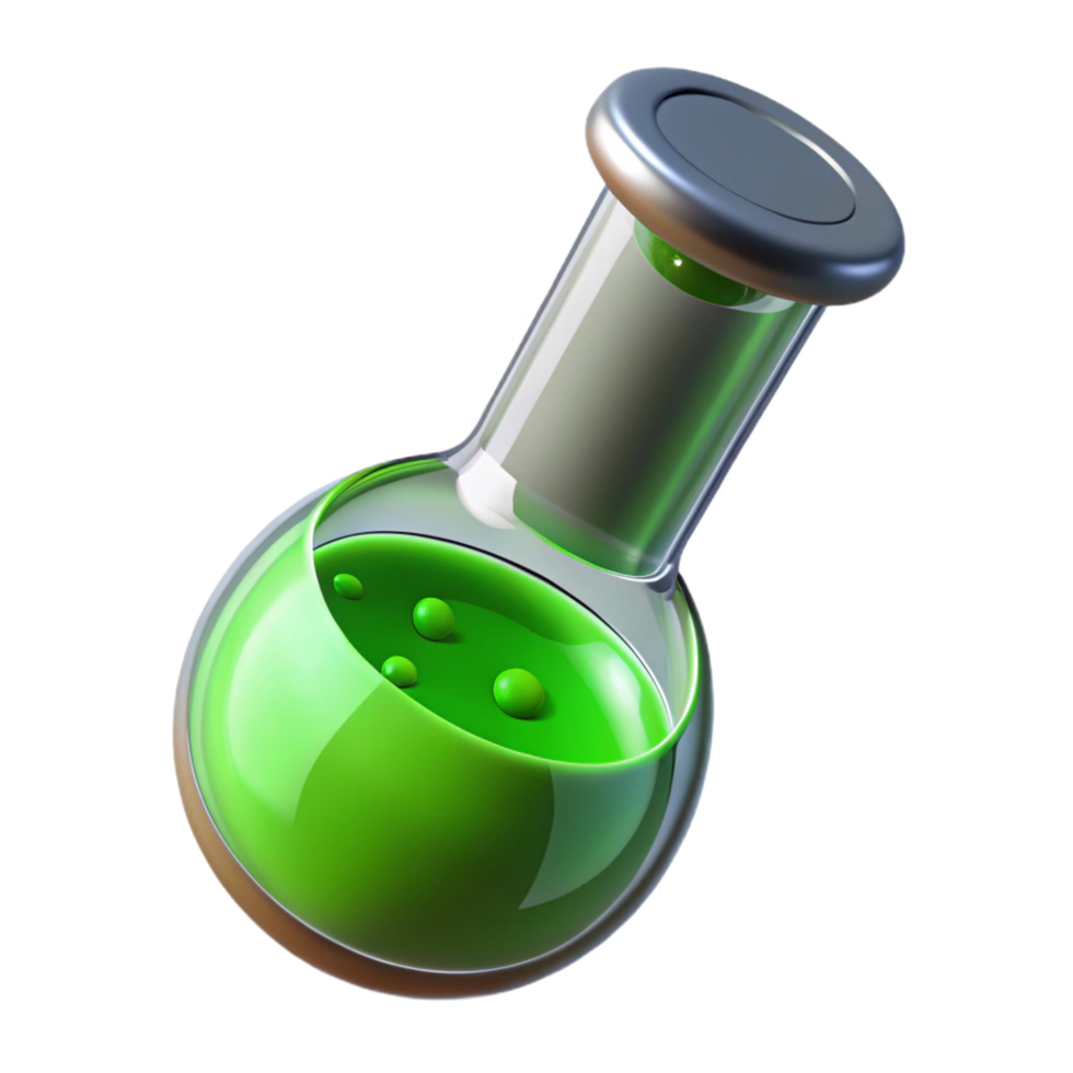 dazzling bohemian Photorealistic, professional render, isolated cutout A single, glass and chrome vial containing a bubbling, fluorescent green liquid with Transparent Background sharp png