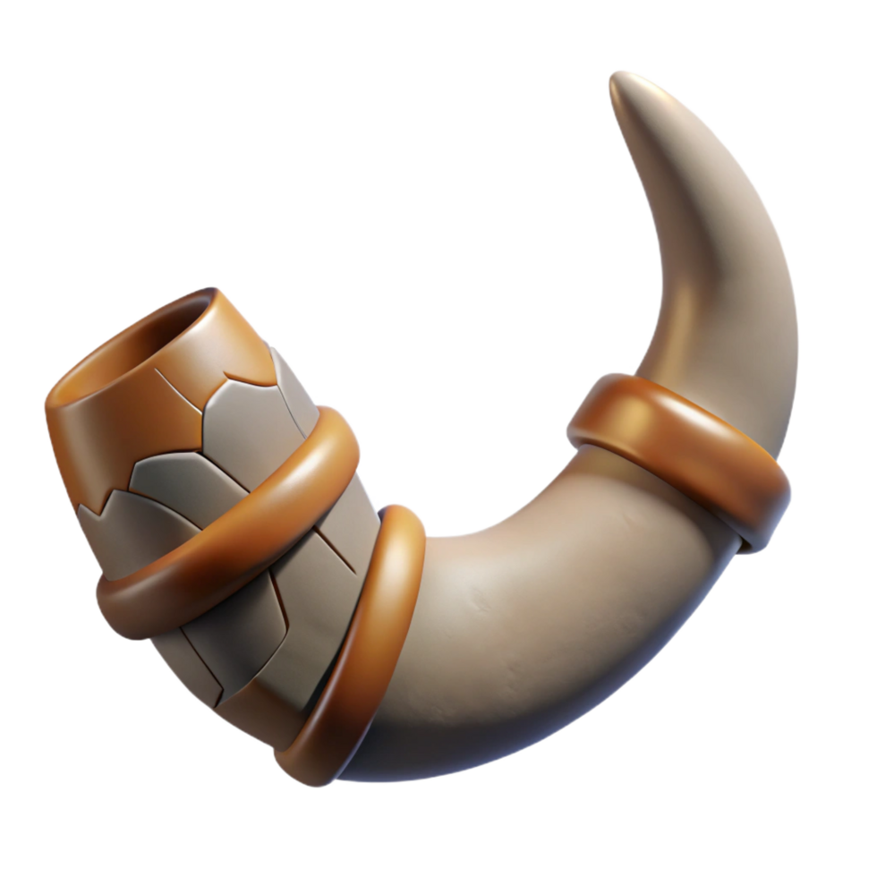 glorious urban Concept art style, isolated cutout Hyper-specific render of a single Minotaur horn, chipped and scarred, textured surface with Transparent Background detailed png