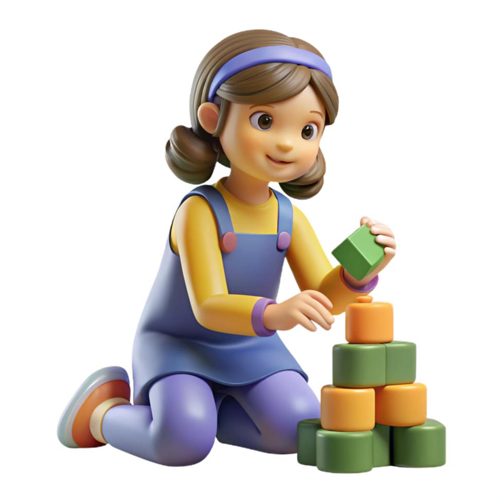 enchanting iconic Young girl playing with building blocks, with Transparent Background png