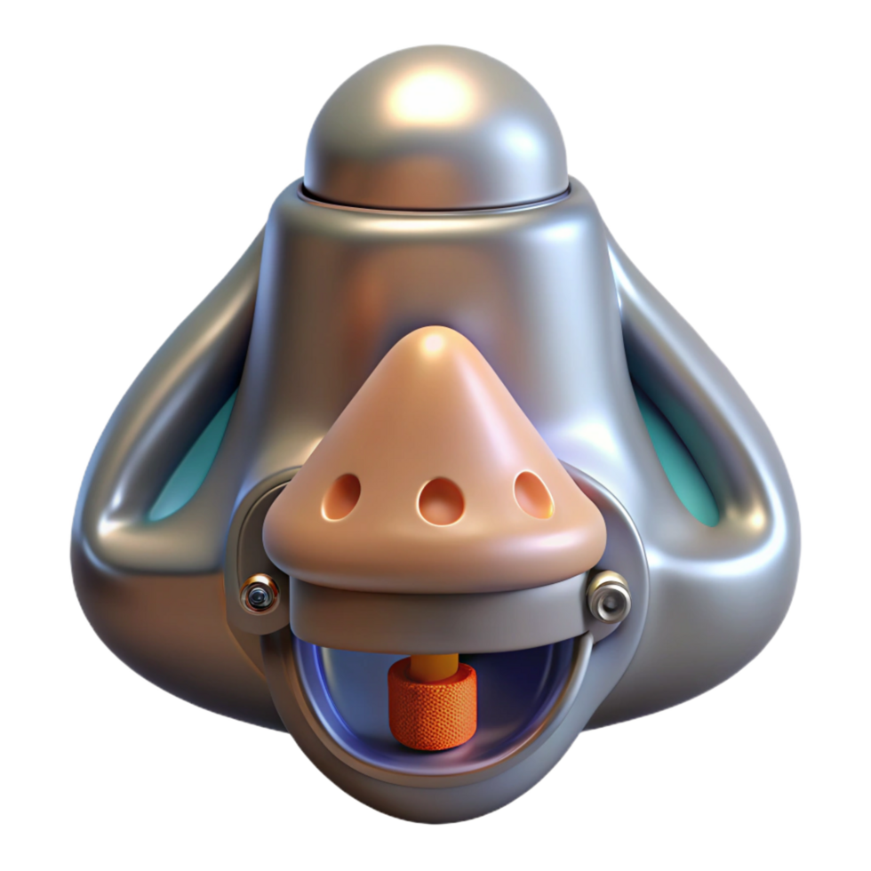 fascinating melancholic elegant Professional render of a biomechanical nose, olfactory sensors enhanced, metallic grill, internal filters, isolated cutout with Transparent Background expertly shot png