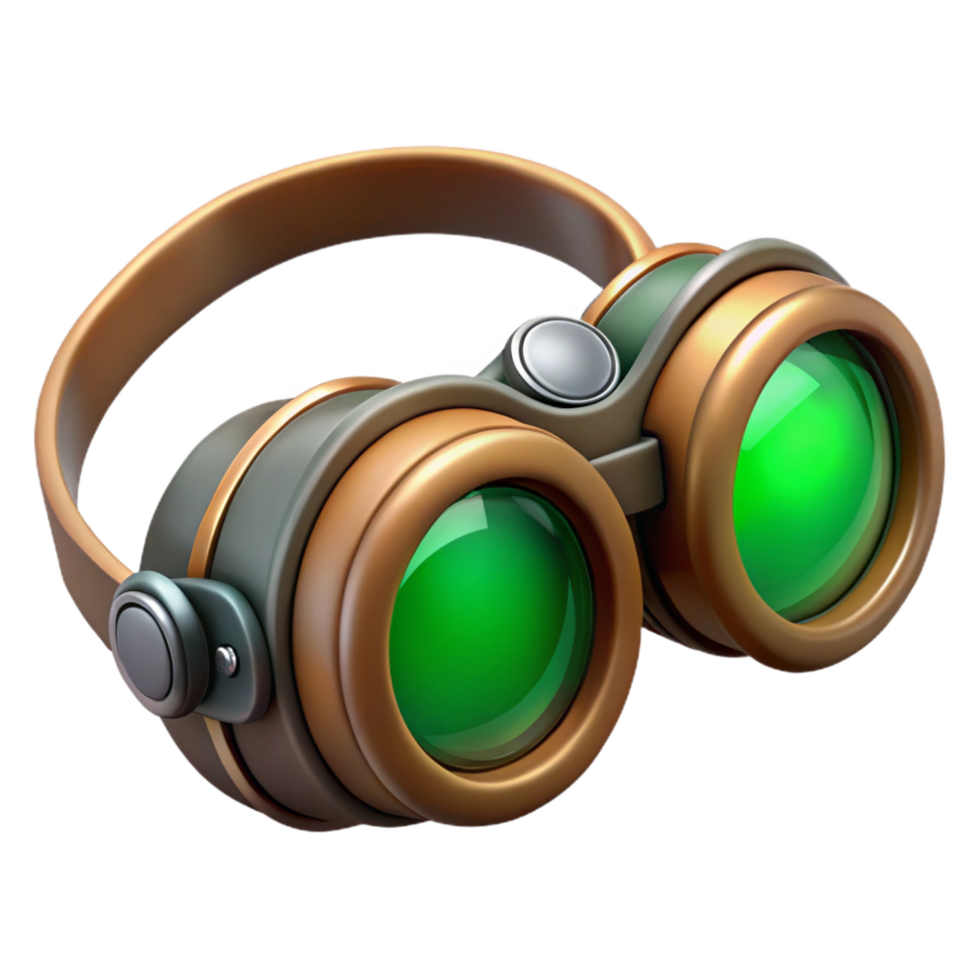 intense mesmerizing Steampunk goggles with green lenses and leather straps with Transparent Background crisp png
