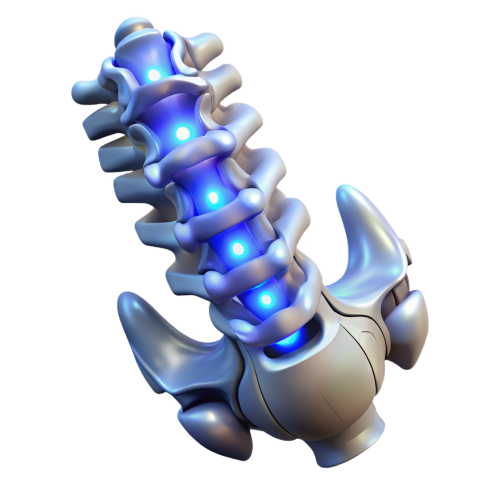 hypnotic exemplary Hyper-specific photorealistic biomechanical spine, vertebrae with integrated circuitry, glowing nodes, titanium alloy, isolated cutout with Transparent Background png