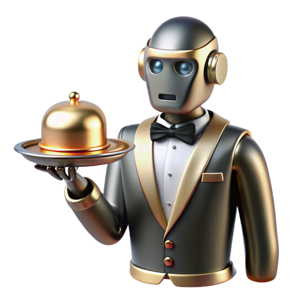 passionate sumptuous Professional render, photorealistic, isolated cutout A silver and gold Art Deco robot butler holding a serving tray with Transparent Background ultra HD png