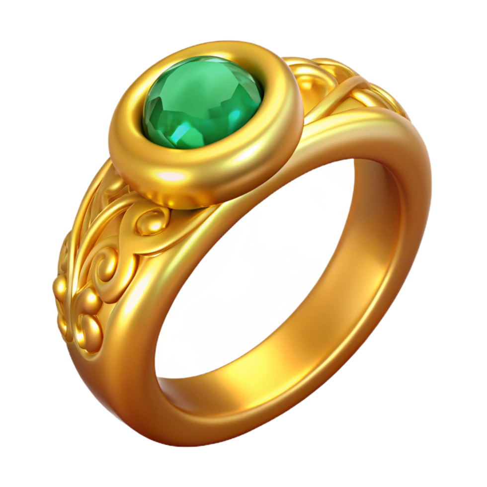 captivating gothic Hyper-specific, professional render of a single, golden ring, intricate filigree design, emerald gemstone, isolated cutout with Transparent Background precision png