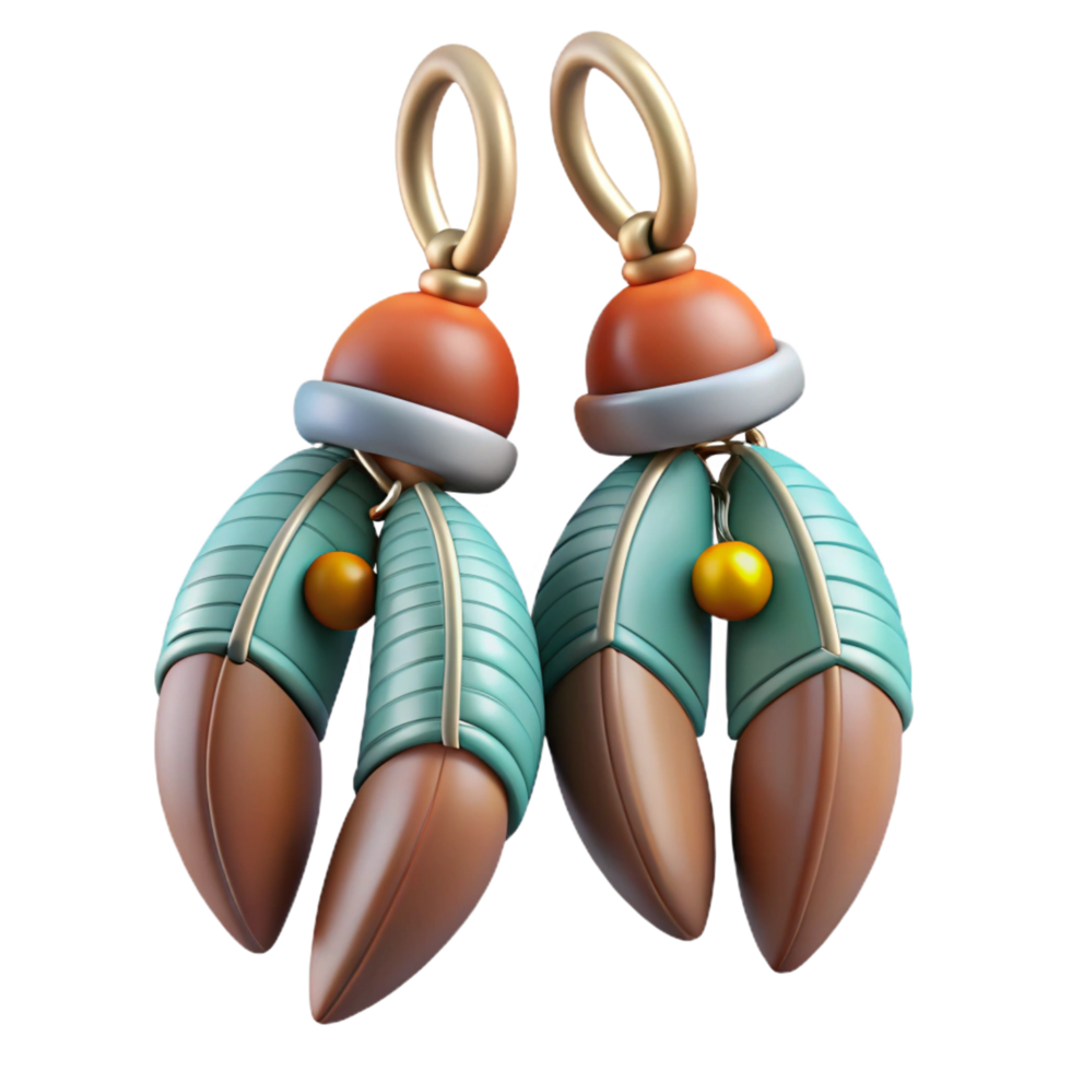 exquisite bold minimalist Photorealistic ultra-detailed isolated cutout of a pair of tribal earrings crafted from polished stones and feathers with Transparent Background authentic png