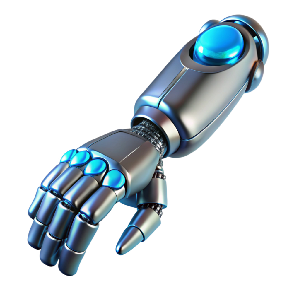 calm stunning Photorealistic, ultra-detailed, hyper-specific professional render of a chrome and bioluminescent robotic prosthetic arm, isolated cutout with Transparent Background exclusive png