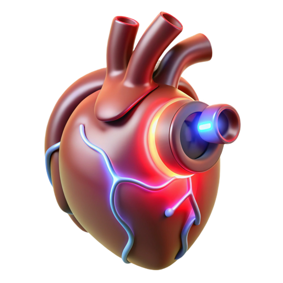 dramatic coveted Cybernetic heart, glowing core, artificial arteries with Transparent Background png