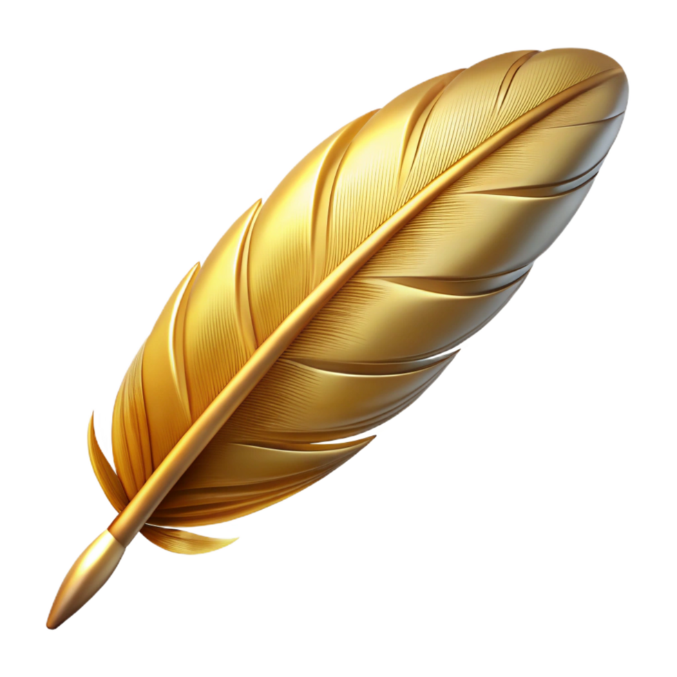 picturesque retro Hyper-specific, isolated cutout Professional render of a single Griffin feather, golden and shimmering, intricate barbules with Transparent Background fine detail png