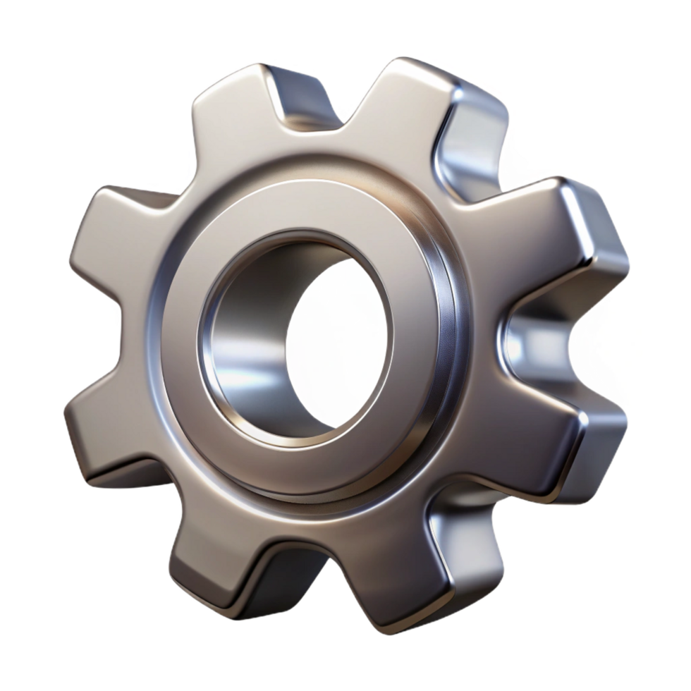 beautiful iconic Ultra-detailed, isolated cutout of a single, polished, metallic gear with intricate teeth and cogs, professional render with Transparent Background png