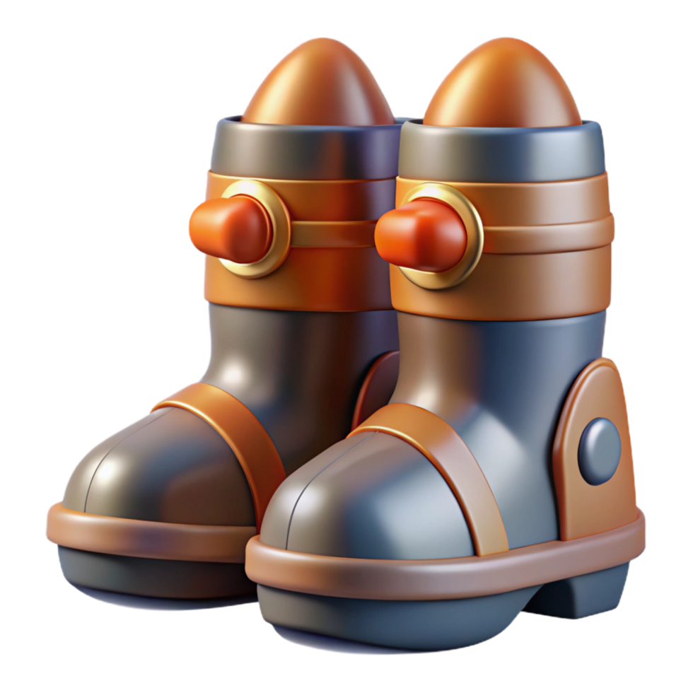 energetic glorious Hyper-specific concept art style illustration of a pair of streamlined rocket boots with copper detailing, isolated cutout with Transparent Background crisp png