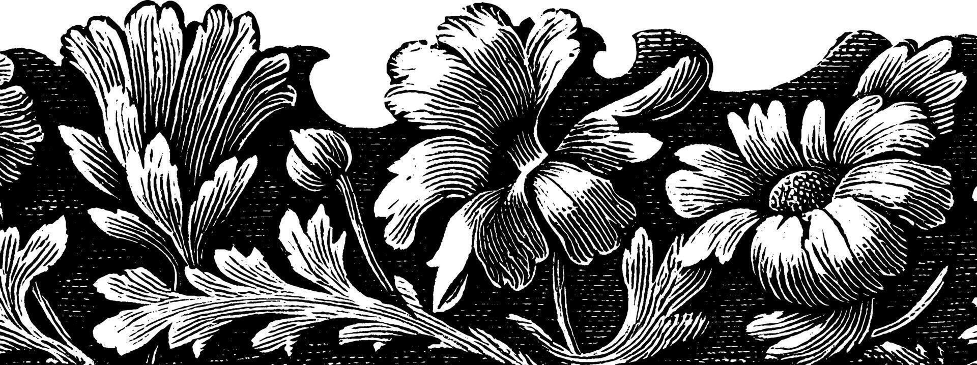 Vintage floral design in 1950s woodcut style for retro print decor. vector