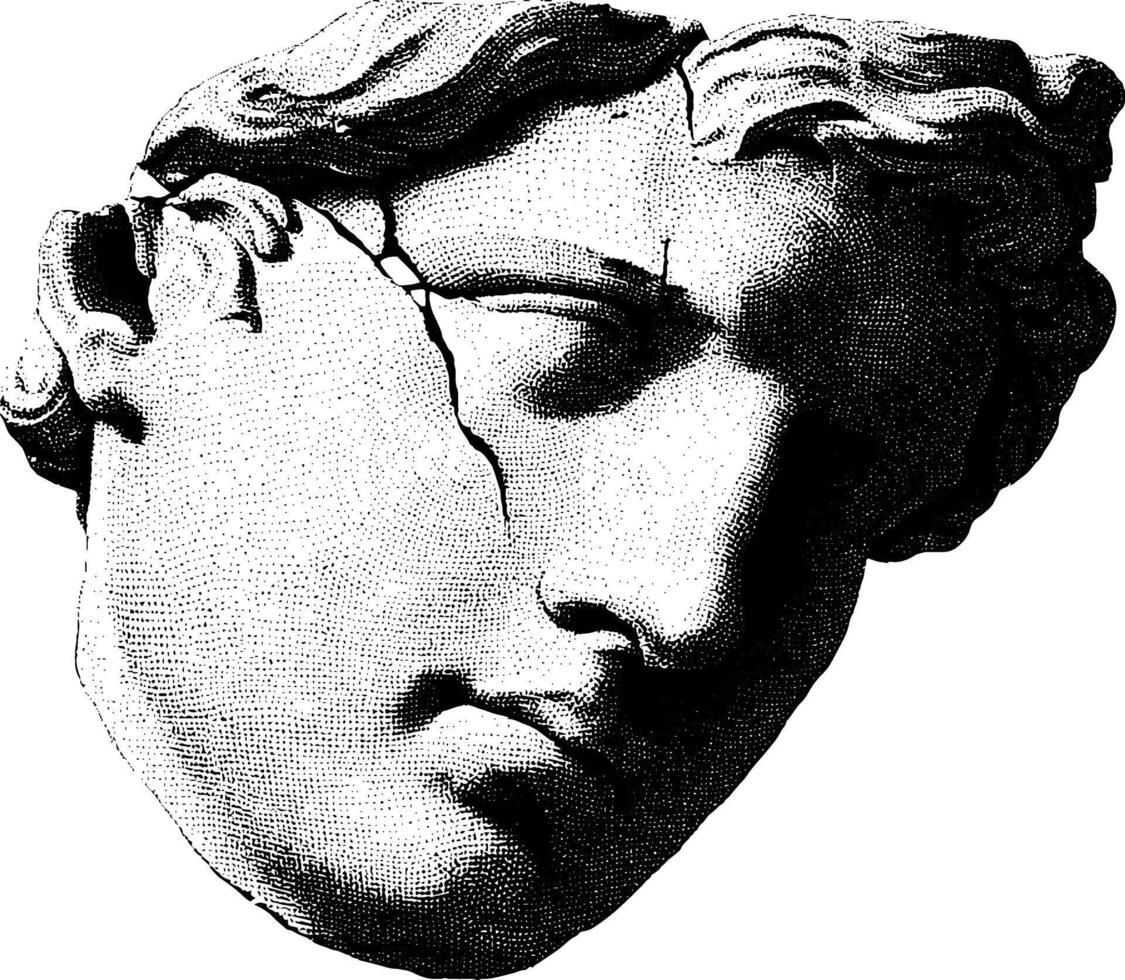 Crumbling marble head bust with visible cracks in monochrome. vector
