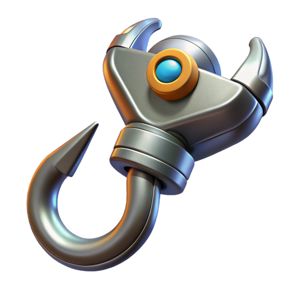 mesmerizing iconic Hyper-specific, isolated cutout, concept art style of a futuristic, metallic, grappling hook with retractable cable with Transparent Background png