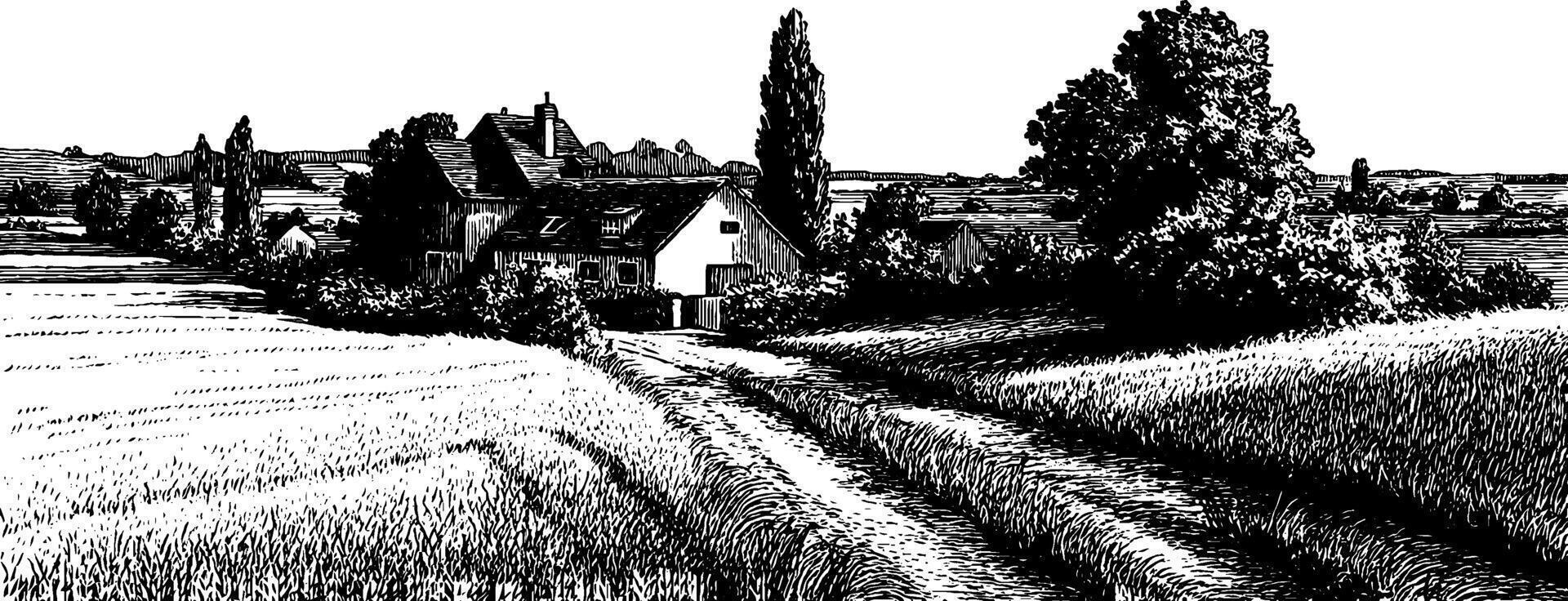 Engraved illustration of rural landscape with cottage and stream for design and print. vector